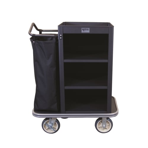 Royal Basket® Compact Metal Housekeeping Cart - 3 Shelf, 1 Bag, Black